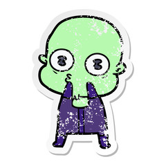 distressed sticker of a cartoon weird bald spaceman