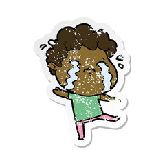 distressed sticker of a cartoon man crying