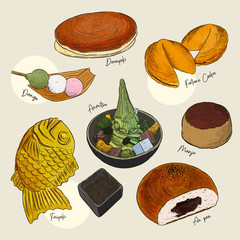 Popular kind of sweets Japanese set. hand draw sketch vector.