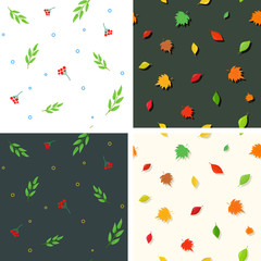 Collection of summer-fall seamless patterns. The whirling leaves and ripe berries perfectly decorate any shape