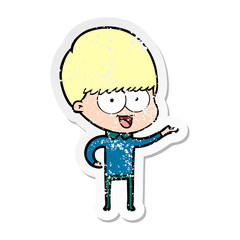 distressed sticker of a happy cartoon boy
