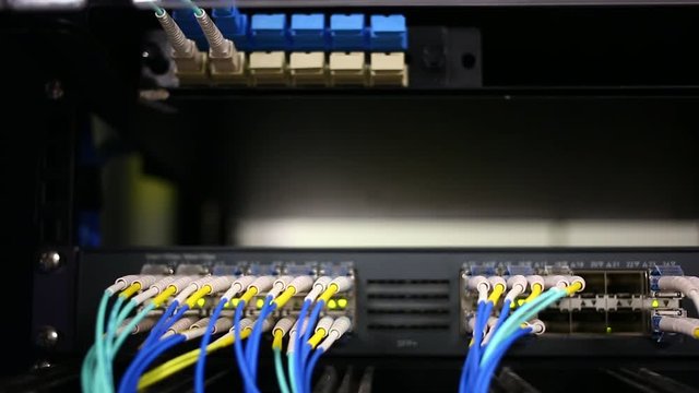 Lights blink on the back of a server filled with connected ethernet cables