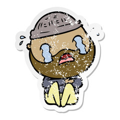 distressed sticker of a cartoon bearded man crying