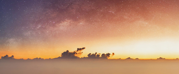 Panoramic sunrise sky and starry sky at dawn, Summer sky background