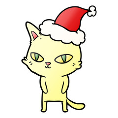 gradient cartoon of a cat with bright eyes wearing santa hat