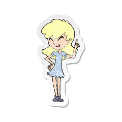 retro distressed sticker of a cartoon girl making point