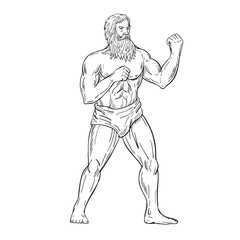 Fototapeta na wymiar Drawing sketch style illustration of a bearded vintage boxer with full beard, with fists on chest ready to fight in boxing fighting stance on isolated white background in black and white.