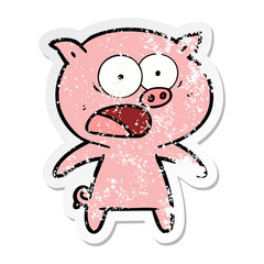 distressed sticker of a cartoon pig shouting