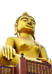 The big golden buddha statue sitting isolated on white background