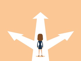Business woman decision concept vector illustration. Businessman standing on the crossroads with three arrows and directions. Stock flat vector illustration.