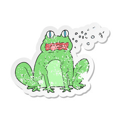 retro distressed sticker of a cartoon burping frog