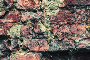 background of old rough concrete plaster and red brick brickwork