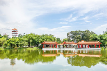 Chinese Garden with 7-storey pagoda,Traditional Chinese pavilion and sheltered walkway beside a lake, Singapore