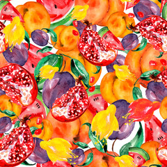 Seamless watercolor pattern with slices fruits, pomegranate fruit, peach fruit, plum, apricot, watermelon. Orange, purple and yellow colors. Vintage watercolor fashionable pattern of tropical fruit.