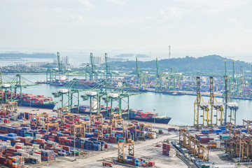 Fototapeta na wymiar Singapore - November 26, 2018:View of a container terminal at the Port of Singapore. Cargo ships docked in harbor. Ship-to-shore (STS) gantry cranes loading and unloading vessels at shipping yard.