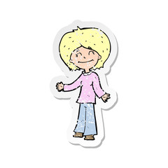 retro distressed sticker of a cartoon happy woman