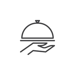Food Cover On Hand line icon. linear style sign for mobile concept and web design. Restaurant cloche outline vector icon. Hotel service symbol, logo illustration. Pixel perfect vector graphics