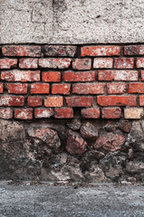 brickwork of old red brick with shabby plaster background