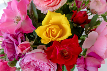 Bouquet of colorful yellow, pink and red roses in a vase with yellow rose as a centerpiece.