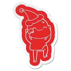 happy cartoon  sticker of a bald man wearing santa hat