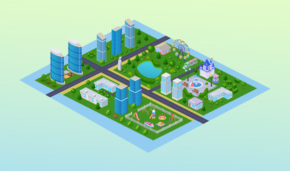 Modern cityscape, high skyscrapers of building, playground, kindergarten, park.