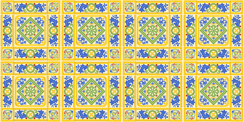 Spanish ornament, seamless background, pattern, colorful decor with geometric figures.