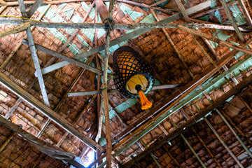 Interior of roof made of dried palm leaves and bamboo stick structure with hanging black-framed lamp made of bamboo and yellow pompom at a home stay in hill tribe village.