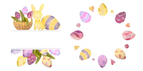 Muurstickers Aquarel getekende set met elementen van vrolijk pasen. Frame, konijn, eieren, geïsoleerd op wit. voor wenskaart of logo: © NataliaArkusha