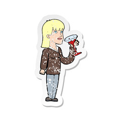 retro distressed sticker of a cartoon woman drinking cocktail