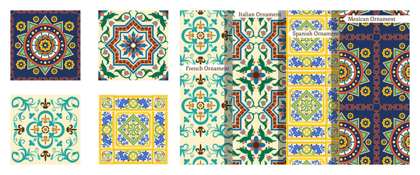 French background, Mexican pattern, Italian ornaments, colorful Spanish decor.