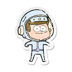 distressed sticker of a happy astronaut cartoon