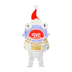 retro cartoon of a alien gasping in surprise wearing santa hat
