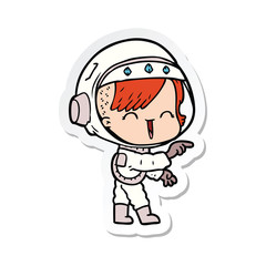 sticker of a cartoon astronaut girl pointing and laughing