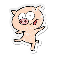 distressed sticker of a cheerful dancing pig cartoon