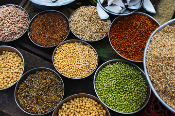 Lentils and sprouts for sale at vegetable market Pune, Maharashtra