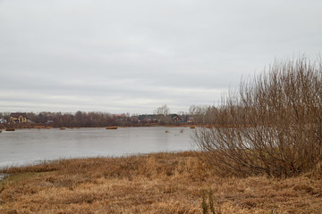 Yellow landscape in autumn cloudy day with yellow grass and lake