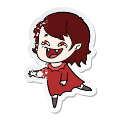 distressed sticker of a cartoon laughing vampire girl