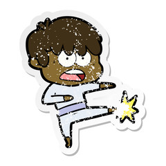 distressed sticker of a worried cartoon boy