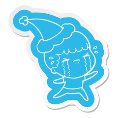 cartoon  sticker of a man crying wearing santa hat