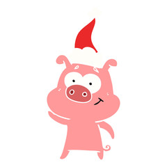 happy flat color illustration of a pig wearing santa hat