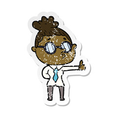 distressed sticker of a cartoon woman wearing glasses