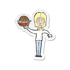 retro distressed sticker of a cartoon man with burger