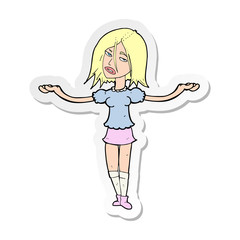 sticker of a cartoon woman shrugging shoulders