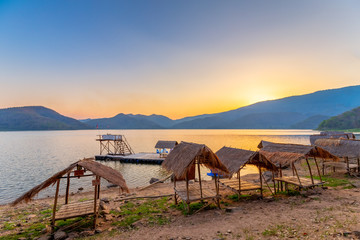 Landscape of sunset on Mountain In the reservoir  Sukhothai,Thailand