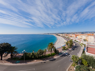 Fototapeta na wymiar Aerial morning view of the famous Angel's Bay with downtown cityscape from Castle Hill, Nice