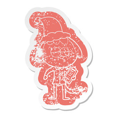 cartoon distressed sticker of a bored dog in office clothes wearing santa hat