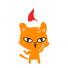 flat color illustration of a cat wearing santa hat