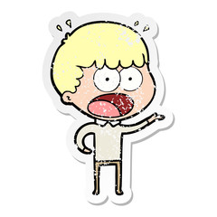 distressed sticker of a cartoon shocked man