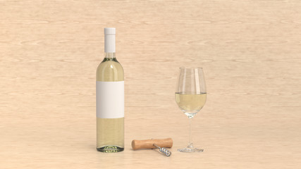 Mockup of bottle of wine with glass and corkscrew