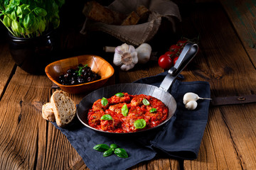 Baked mini meatballs in tomato sauce with basil